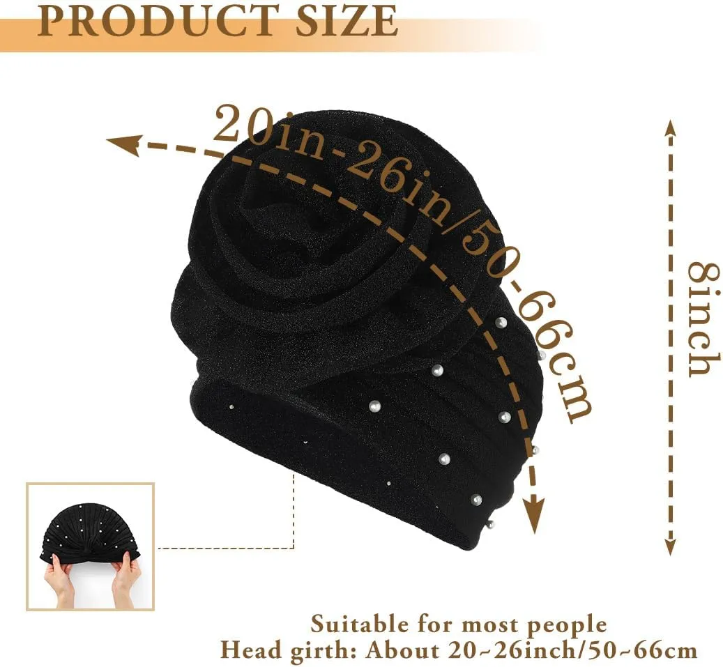 Bohend Big Flower Glitter Pleated Headwrap Cap Pearl Pre Tied Turbans Beanie Knotted Bonnet Stretch Headscarf Hat Women