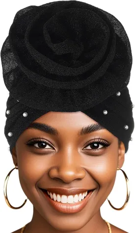 Bohend Big Flower Glitter Pleated Headwrap Cap Pearl Pre Tied Turbans Beanie Knotted Bonnet Stretch Headscarf Hat Women