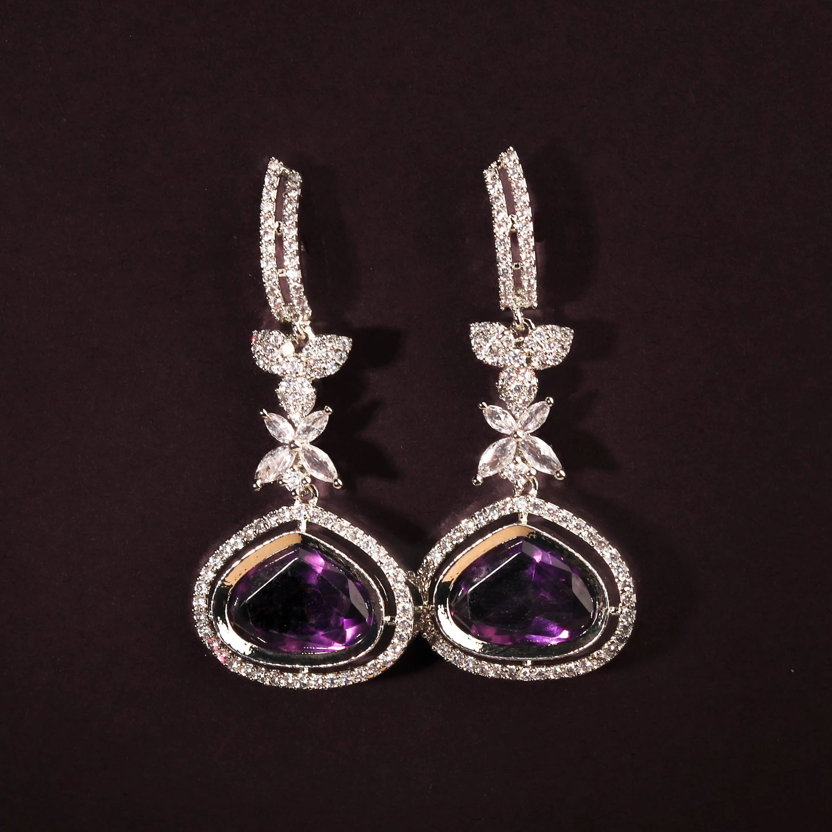 Breathtaking Rhodium Plated Violet and White CZ Studded Contemporary Earring