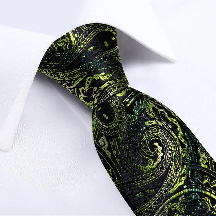 Classic Black Green Floral Silk Necktie Pocket Square Cufflinks Set