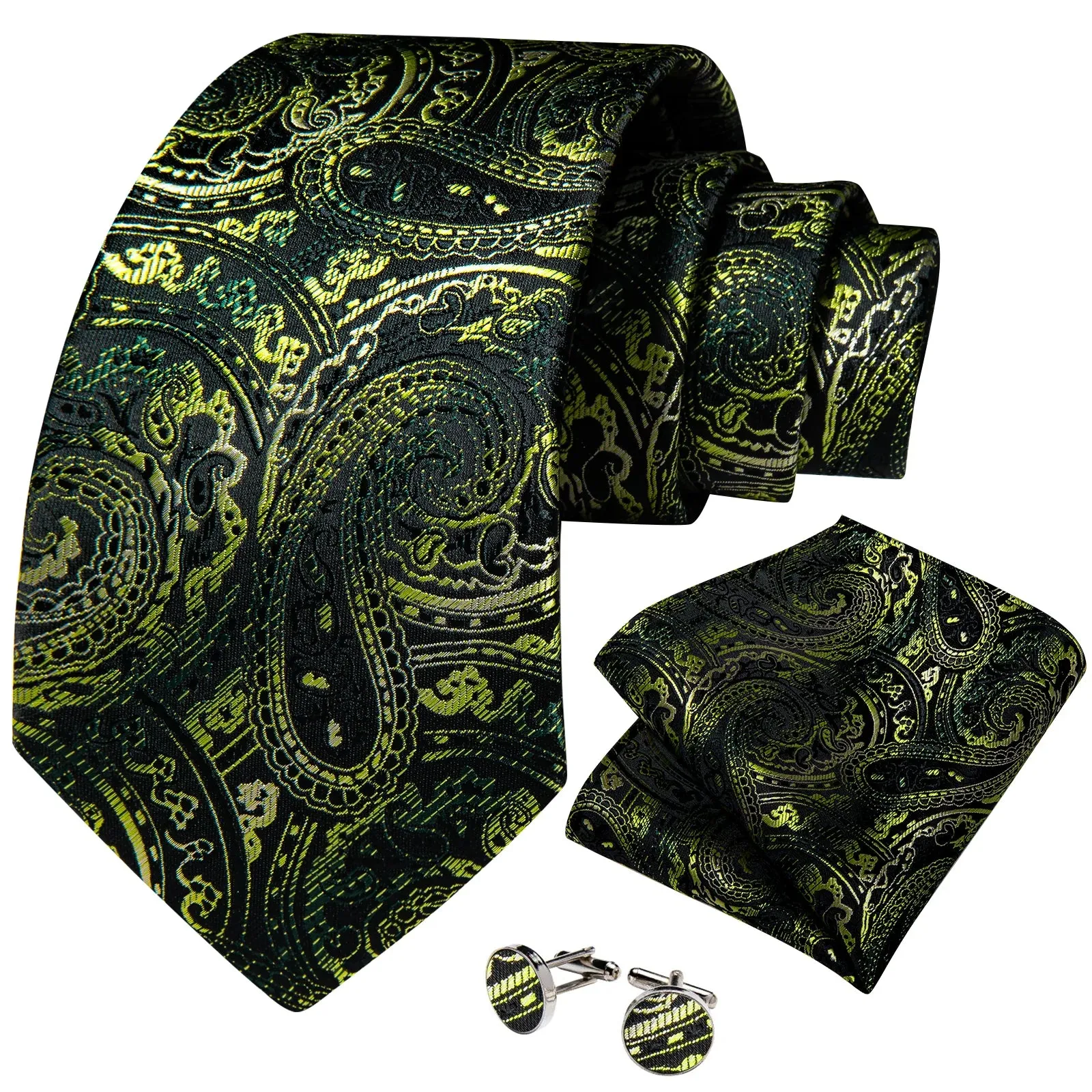 Classic Black Green Floral Silk Necktie Pocket Square Cufflinks Set