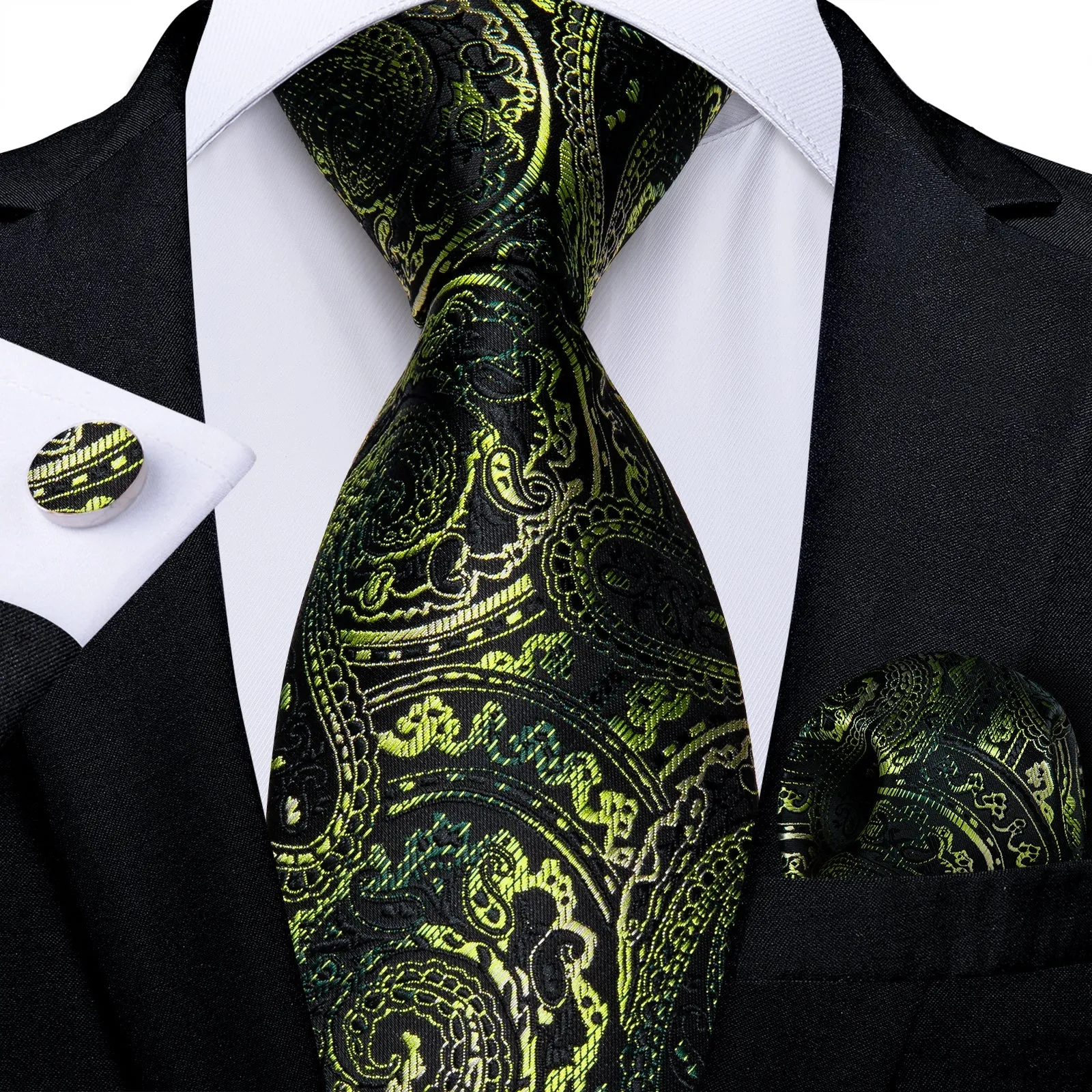 Classic Black Green Floral Silk Necktie Pocket Square Cufflinks Set