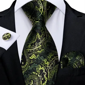 Classic Black Green Floral Silk Necktie Pocket Square Cufflinks Set