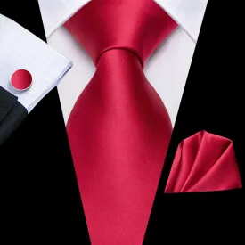 Classic Solid Red Silk Necktie Pocket Square Cufflinks Set