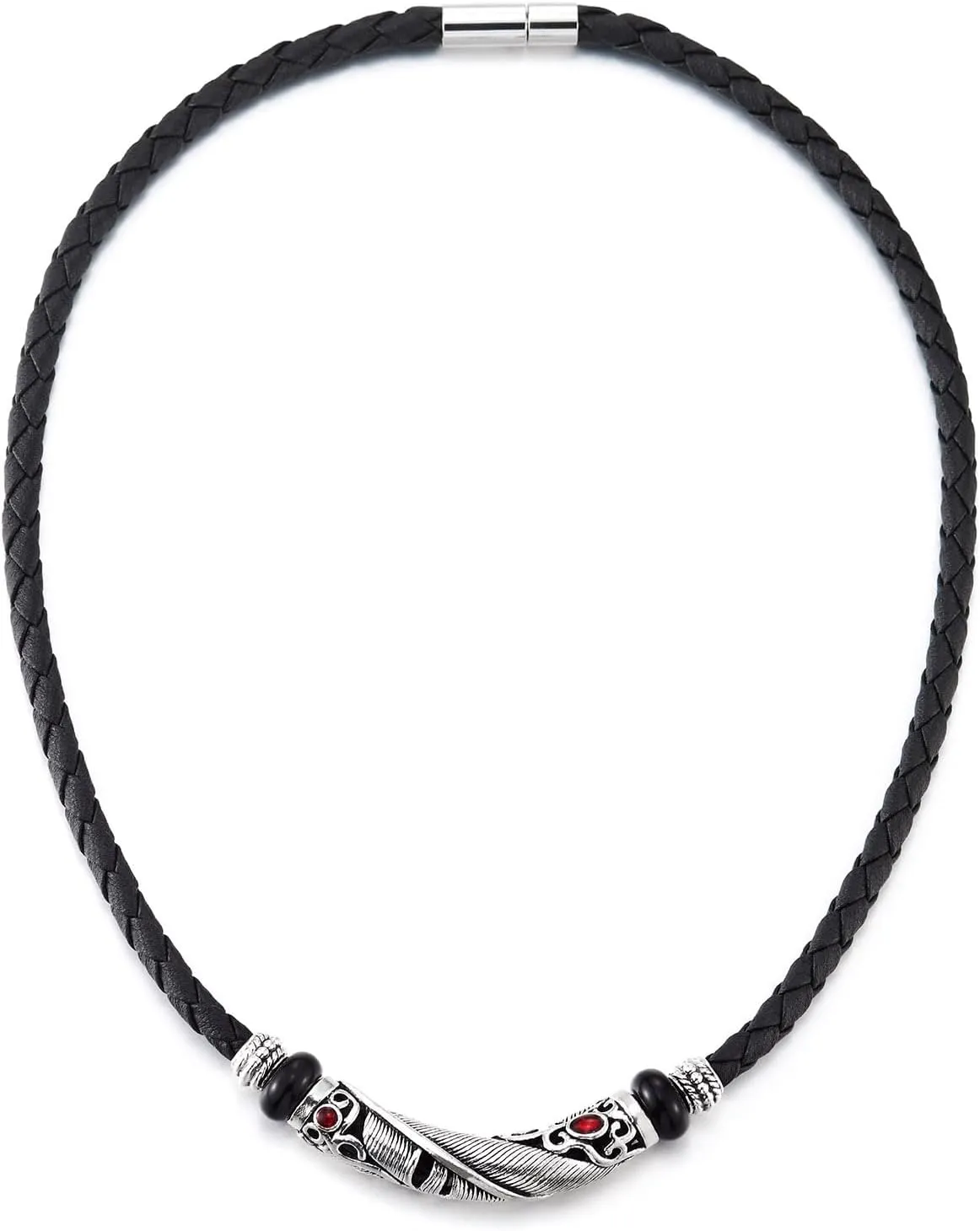 COOLSTEELANDBEYOND Braided Leather Necklace with Feather Pendant and Gem, Tribal Vintage, Mens Women