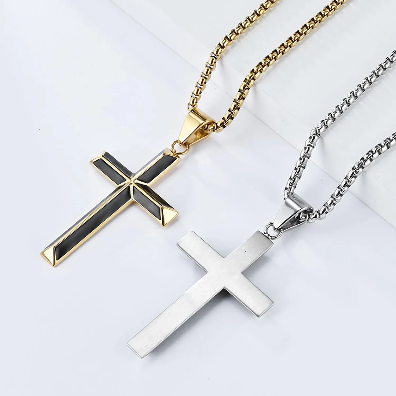 Cross Necklace for Men,Stainless Steel Black Gold Silver Jesus Christ Crucifix Pendant Necklaces Jewelry??60cm Rolo Chain