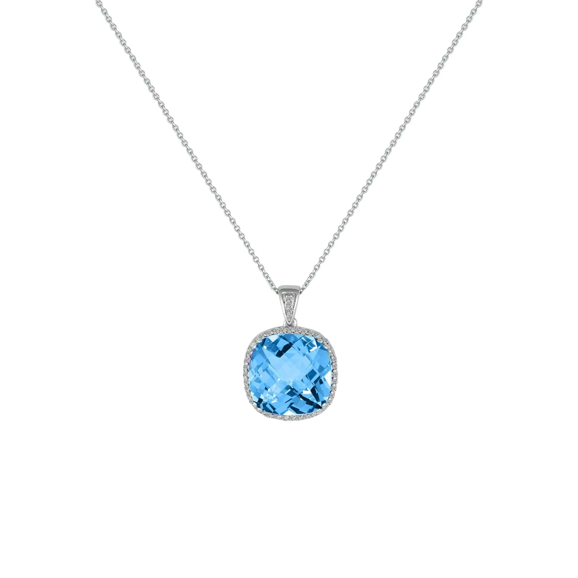 Cushion Cut Blue Topaz and Diamond Accent Pendant in Silver