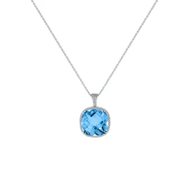 Cushion Cut Blue Topaz and Diamond Accent Pendant in Silver