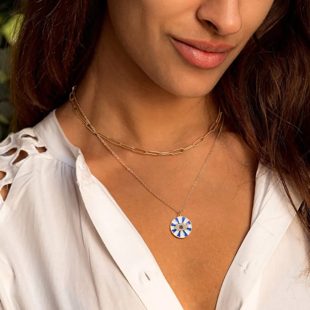 Dainty 14K Gold Layered Evil Eye Religious Necklace- Paperclip Lucky Blue Eye
