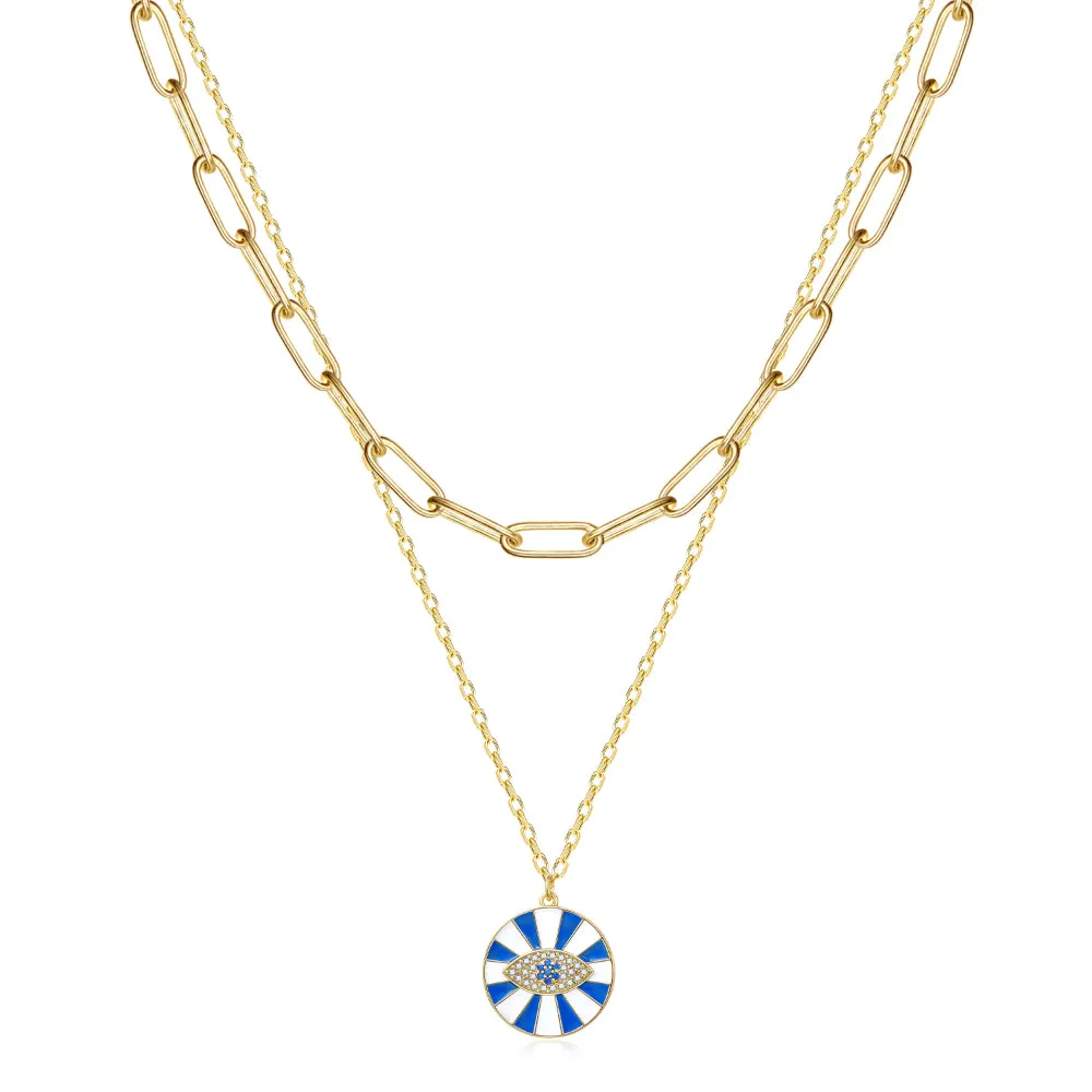 Dainty 14K Gold Layered Evil Eye Religious Necklace- Paperclip Lucky Blue Eye