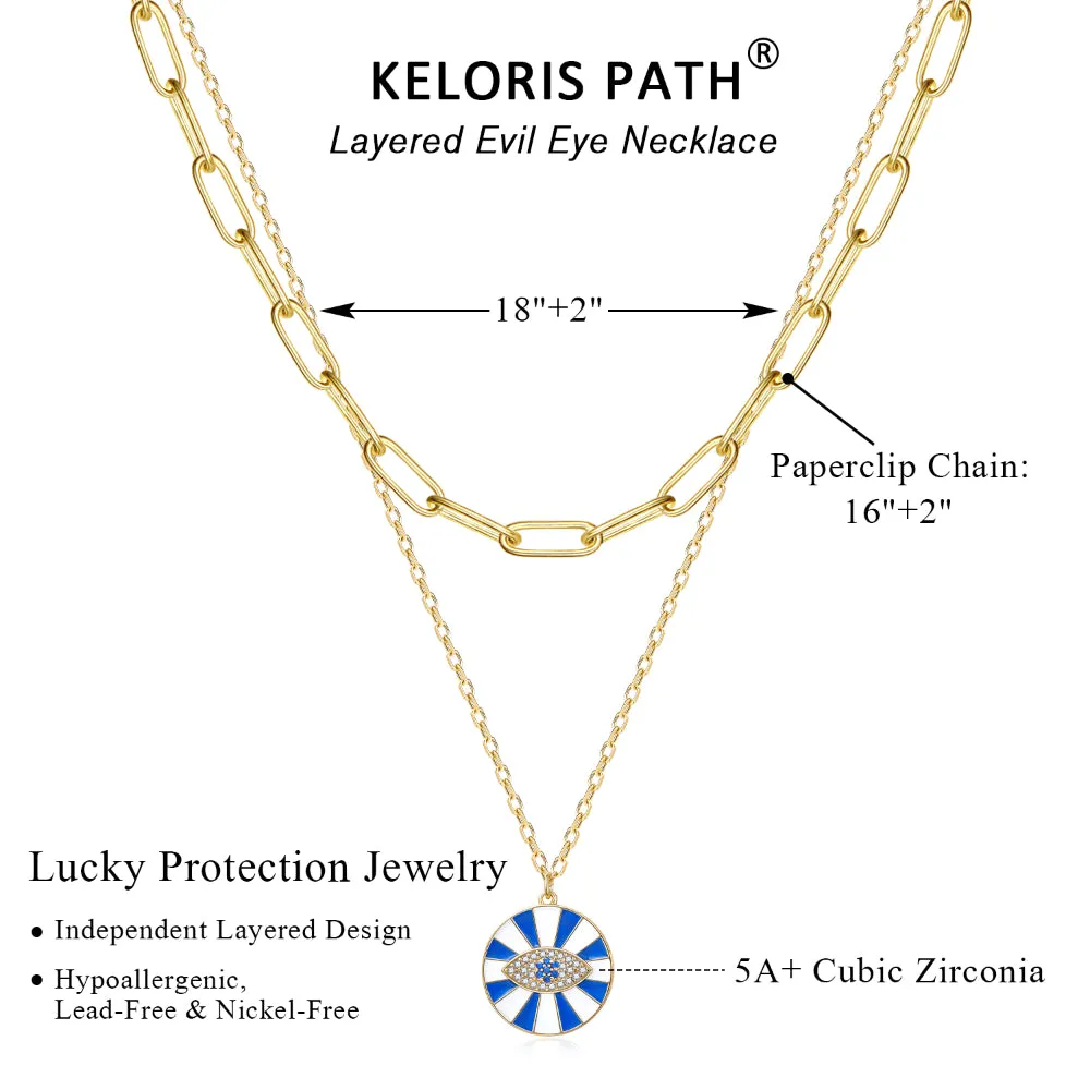 Dainty 14K Gold Layered Evil Eye Religious Necklace- Paperclip Lucky Blue Eye