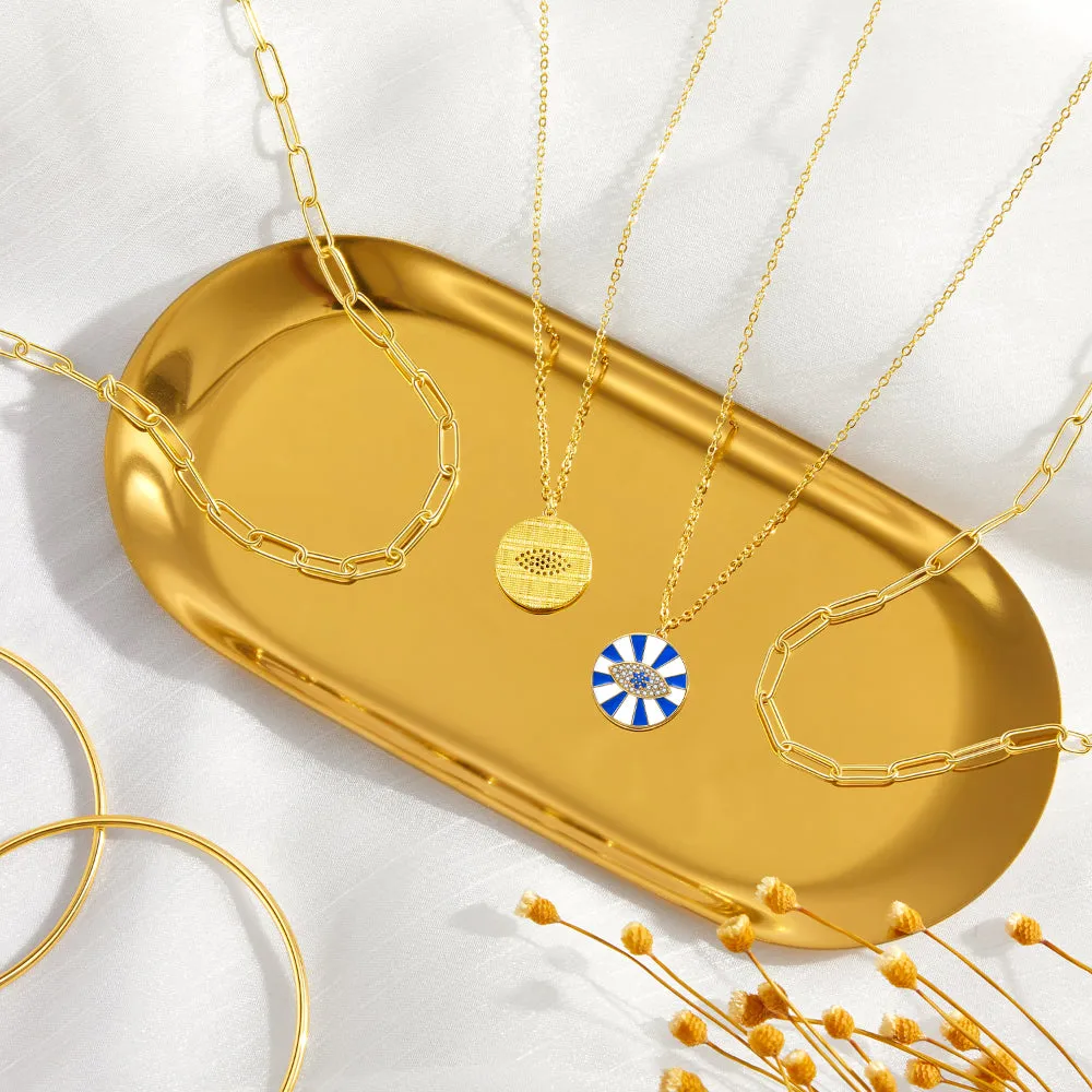 Dainty 14K Gold Layered Evil Eye Religious Necklace- Paperclip Lucky Blue Eye