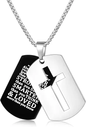 Fiusem Dog Tag Necklace for Men, Inspirational Bible Verse Cross Necklace for Men 24 Inches Chain