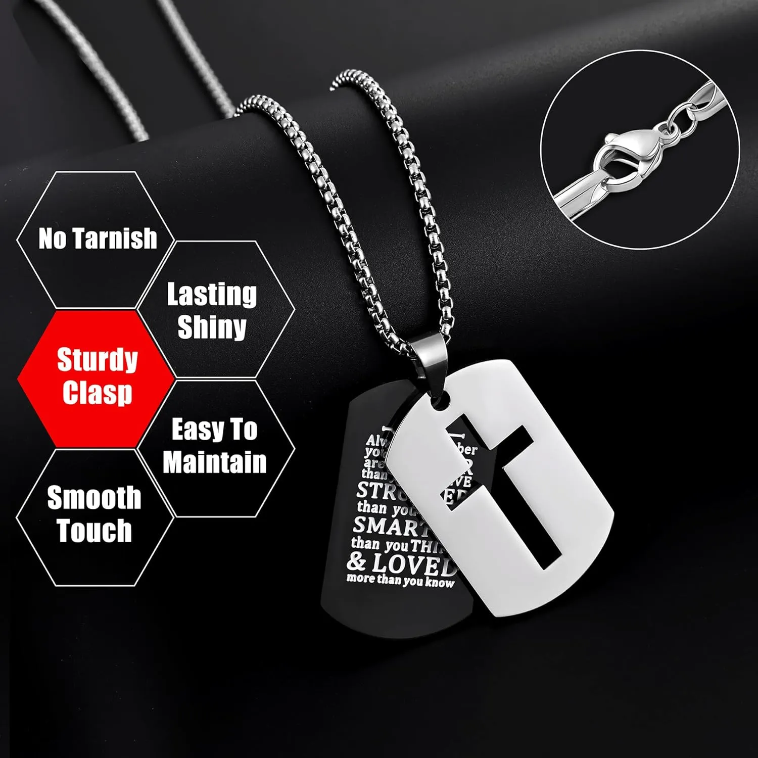 Fiusem Dog Tag Necklace for Men, Inspirational Bible Verse Cross Necklace for Men 24 Inches Chain
