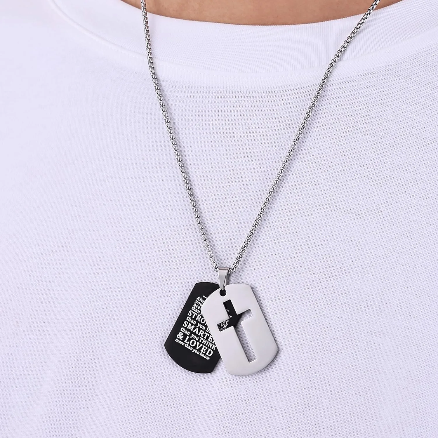 Fiusem Dog Tag Necklace for Men, Inspirational Bible Verse Cross Necklace for Men 24 Inches Chain