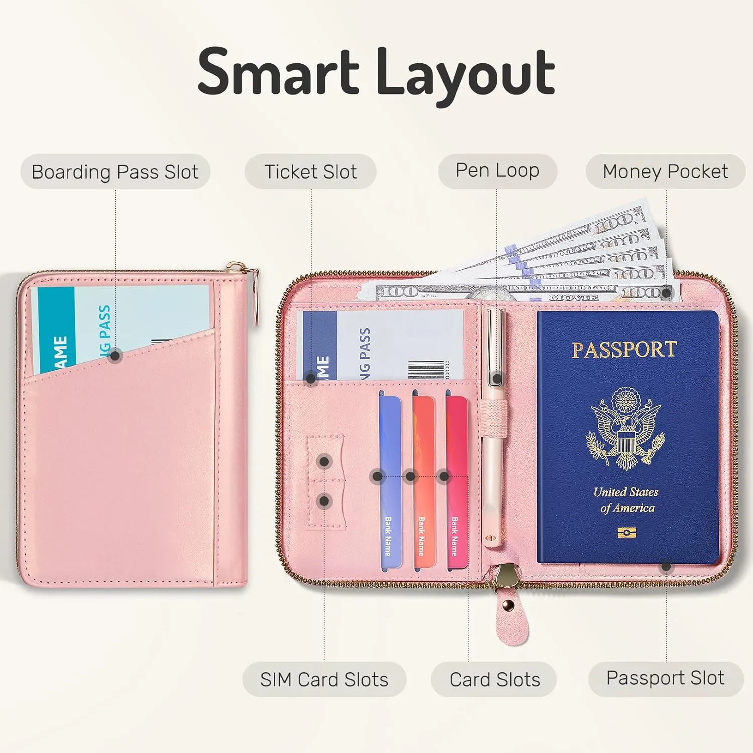 Forvencer Passport Holder Cover with Safe Zipper Closure, Premium Passport Wallet for Travel, Cute RFID Blocking Card Case, Waterproof Travel Accessories for Women, Rose Gold