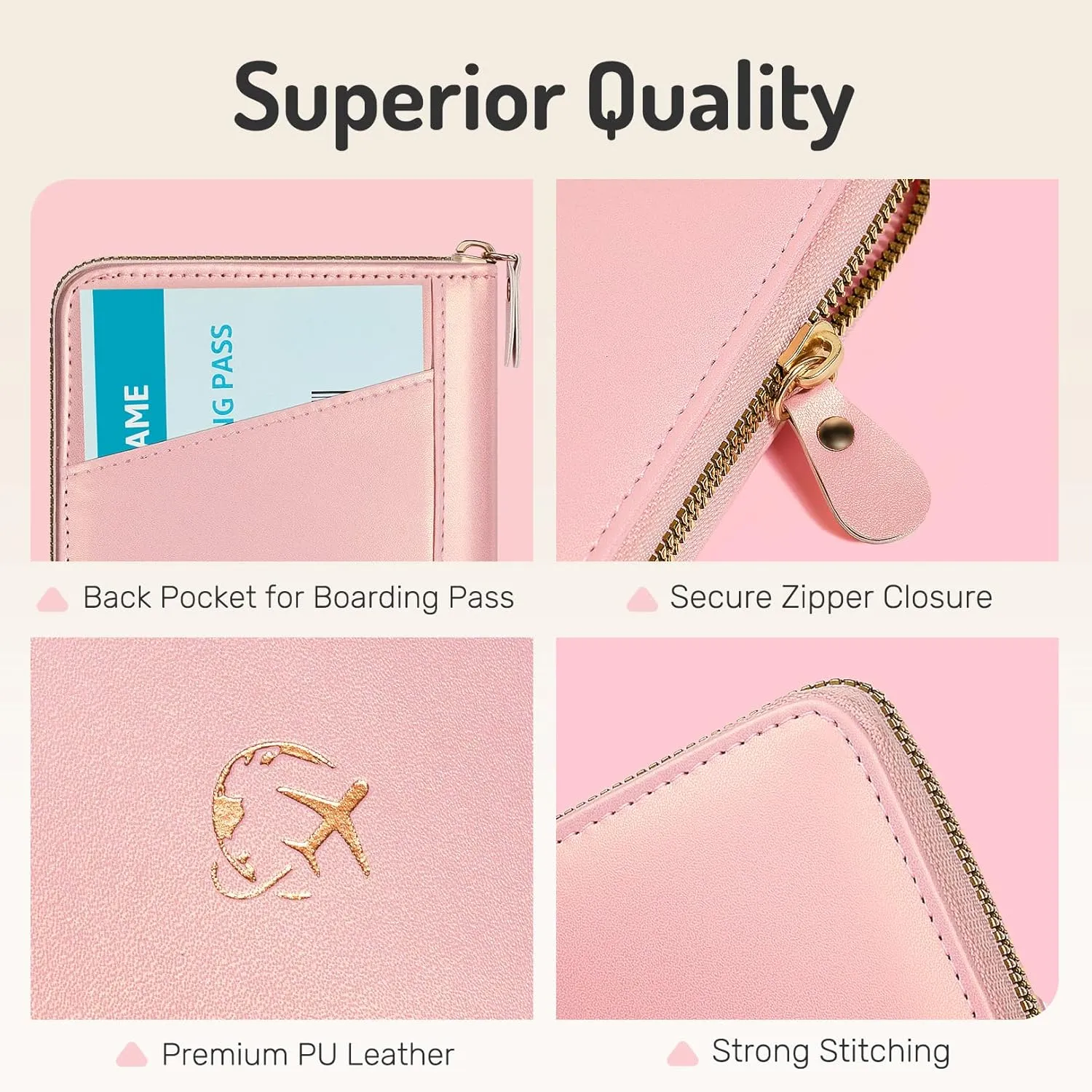 Forvencer Passport Holder Cover with Safe Zipper Closure, Premium Passport Wallet for Travel, Cute RFID Blocking Card Case, Waterproof Travel Accessories for Women, Rose Gold