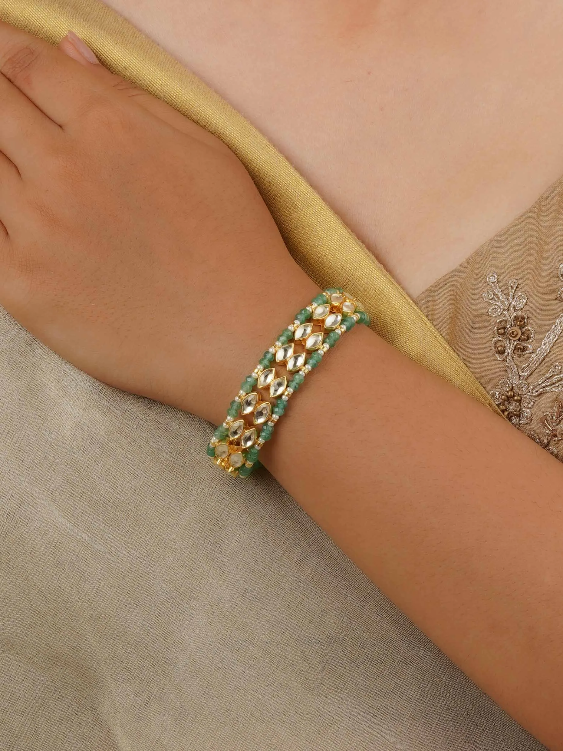 Green Color Gold Plated Jadau Kundan Bracelet - MHP226Y