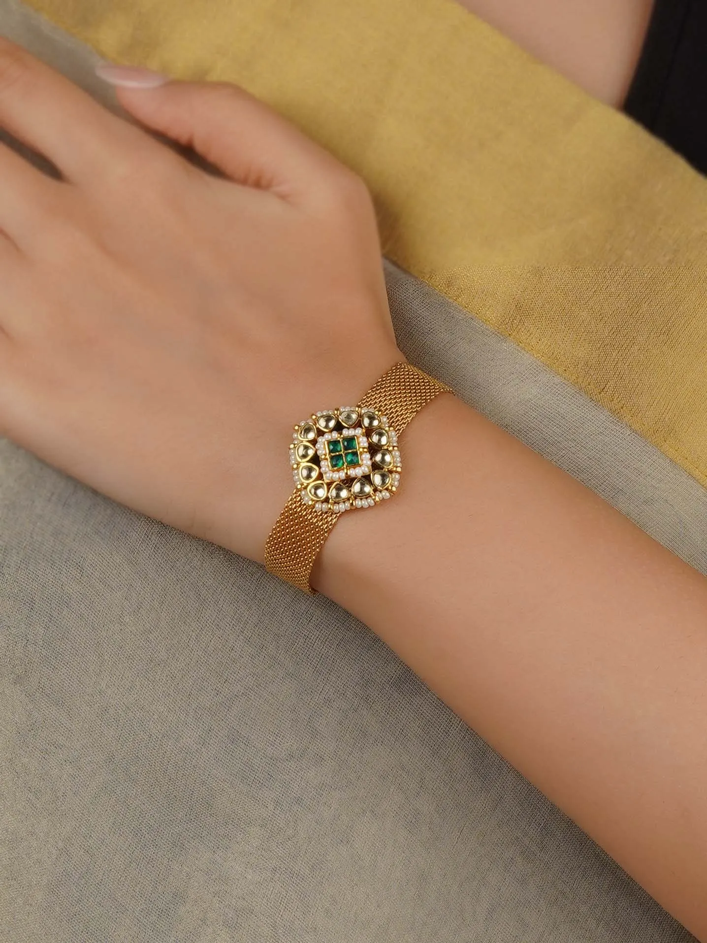Green Color Gold Plated Jadau Kundan Bracelet - MHP232YGR