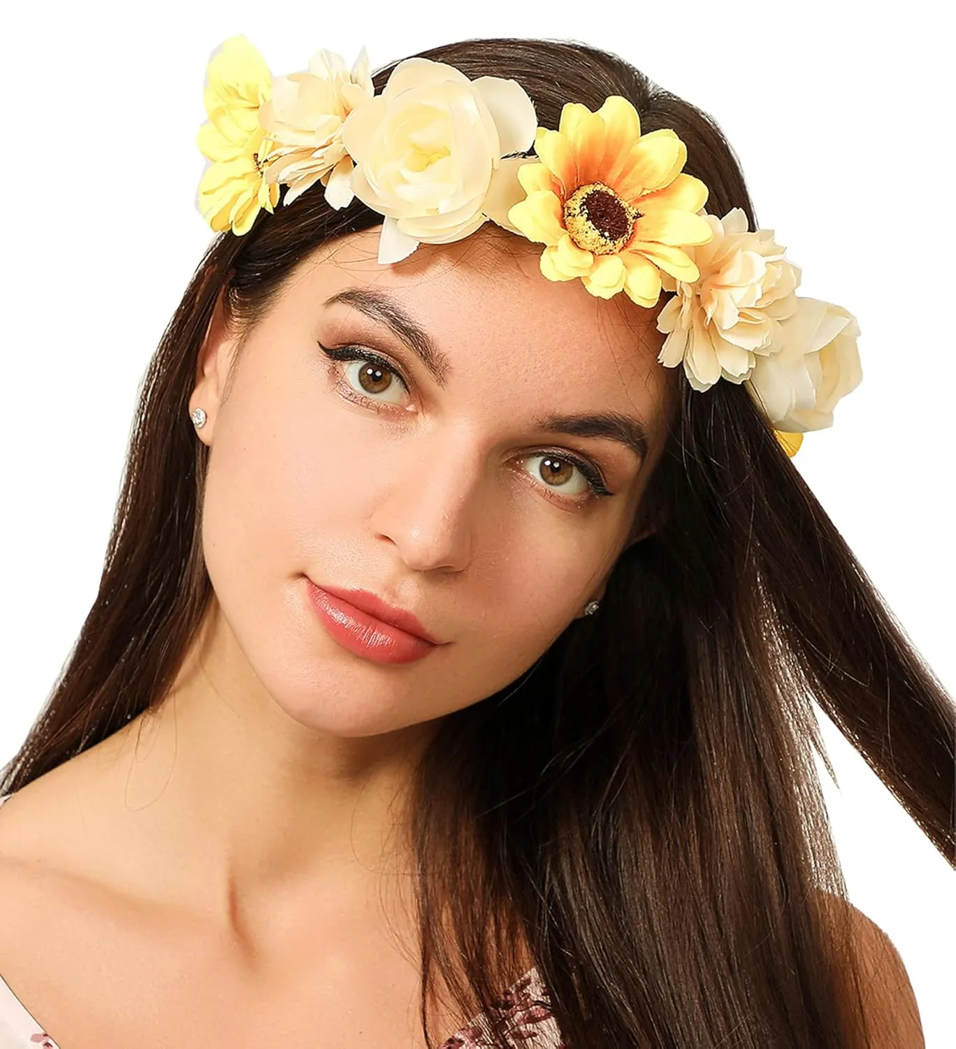 June Bloomy Women Rose Floral Crown Hair Wreath Leave Flower Headband with Adjustable Ribbon (3# Sunflower)