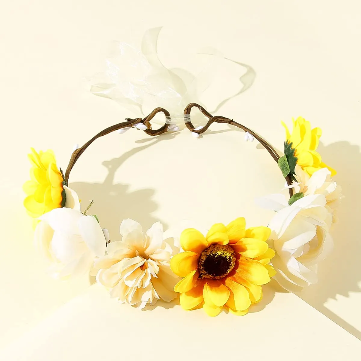 June Bloomy Women Rose Floral Crown Hair Wreath Leave Flower Headband with Adjustable Ribbon (3# Sunflower)