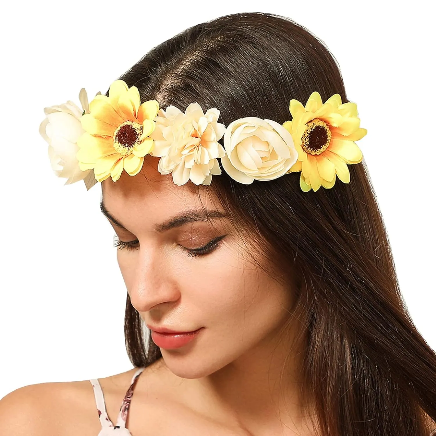 June Bloomy Women Rose Floral Crown Hair Wreath Leave Flower Headband with Adjustable Ribbon (3# Sunflower)