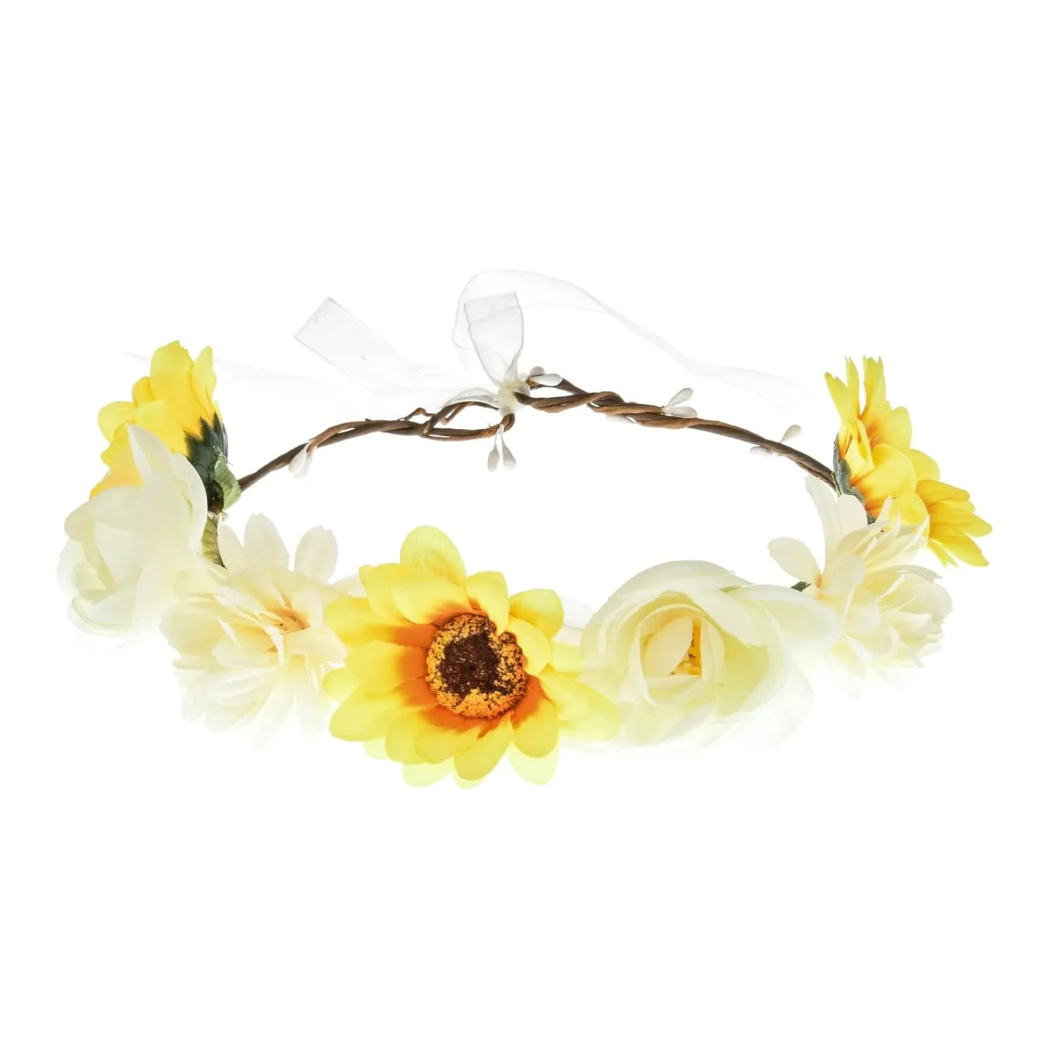 June Bloomy Women Rose Floral Crown Hair Wreath Leave Flower Headband with Adjustable Ribbon (3# Sunflower)