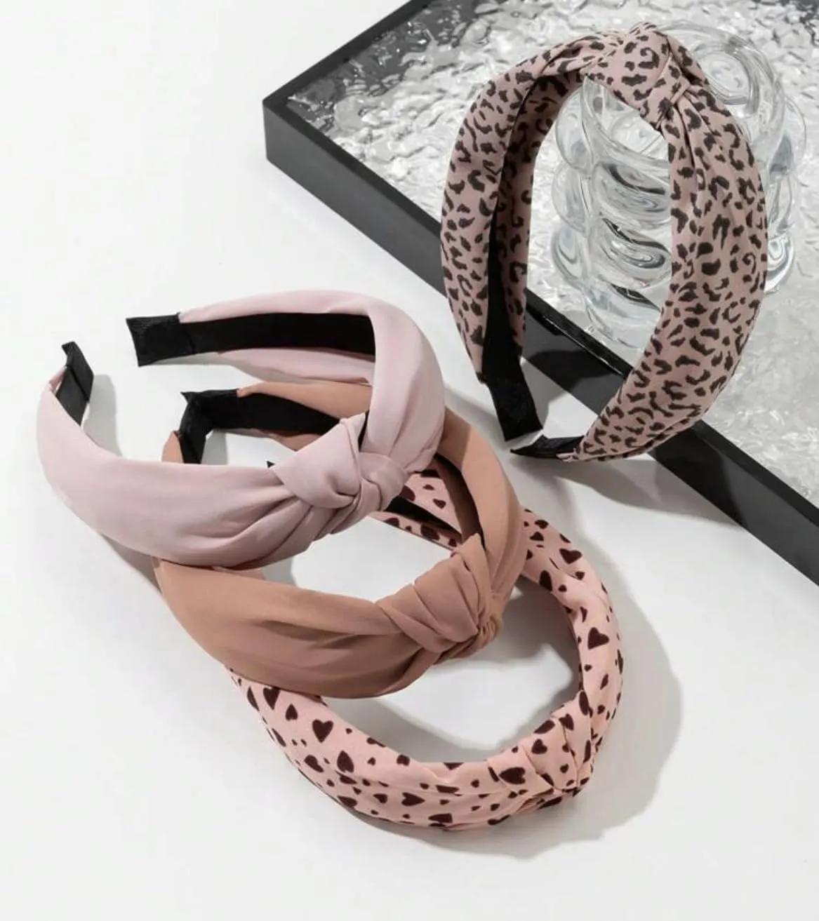 Knotted Fashion Hairbands for Women - Non-Slip Wide Hair Hoops, Cute Top Knot Headbands for Girls (Pink Heart Leopard Print)