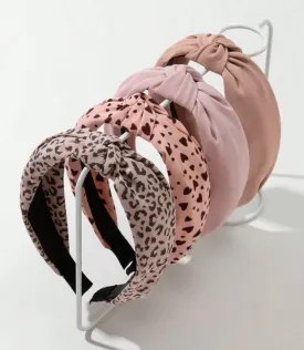 Knotted Fashion Hairbands for Women - Non-Slip Wide Hair Hoops, Cute Top Knot Headbands for Girls (Pink Heart Leopard Print)