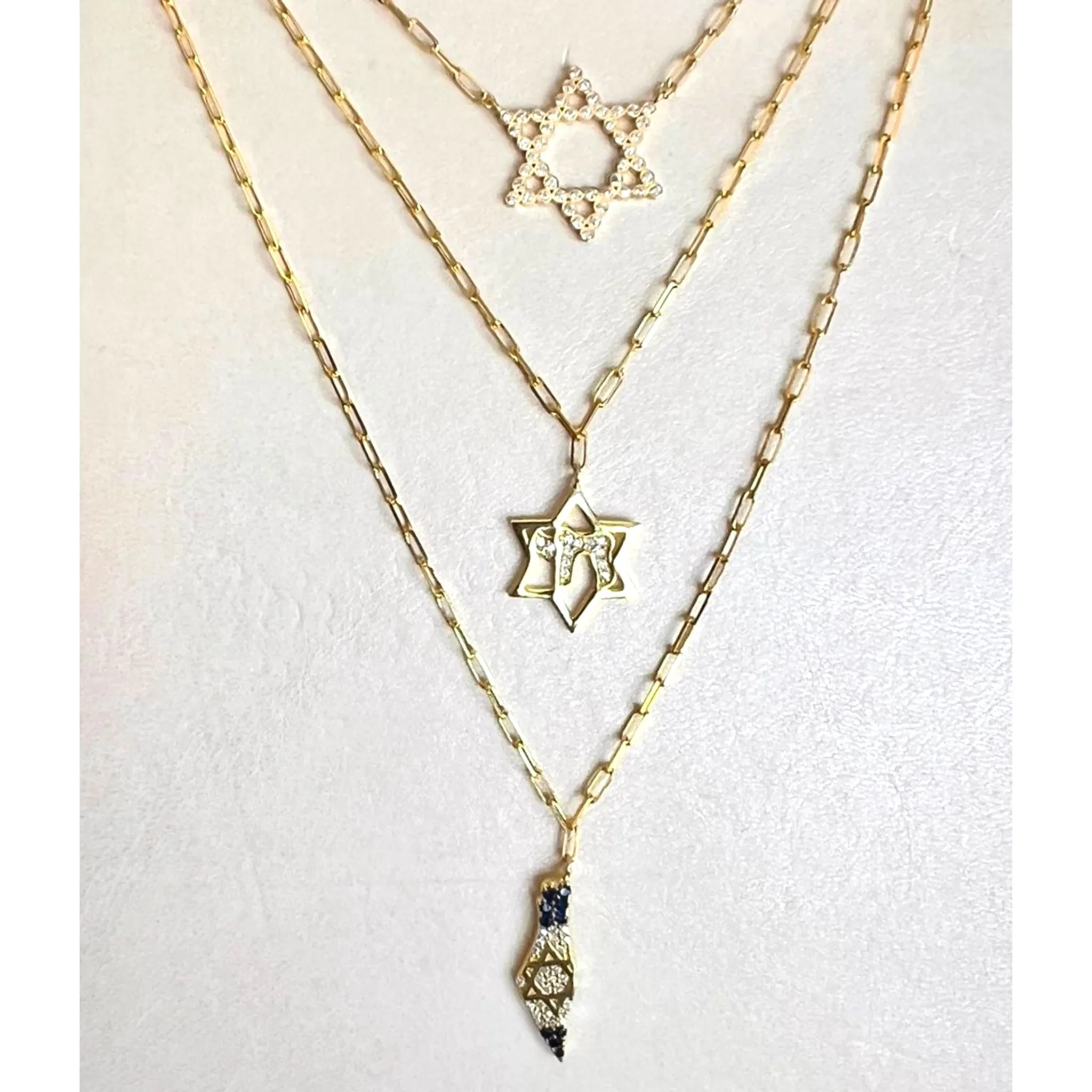 Land of Israel White & Blue Pave Paperclip Necklace