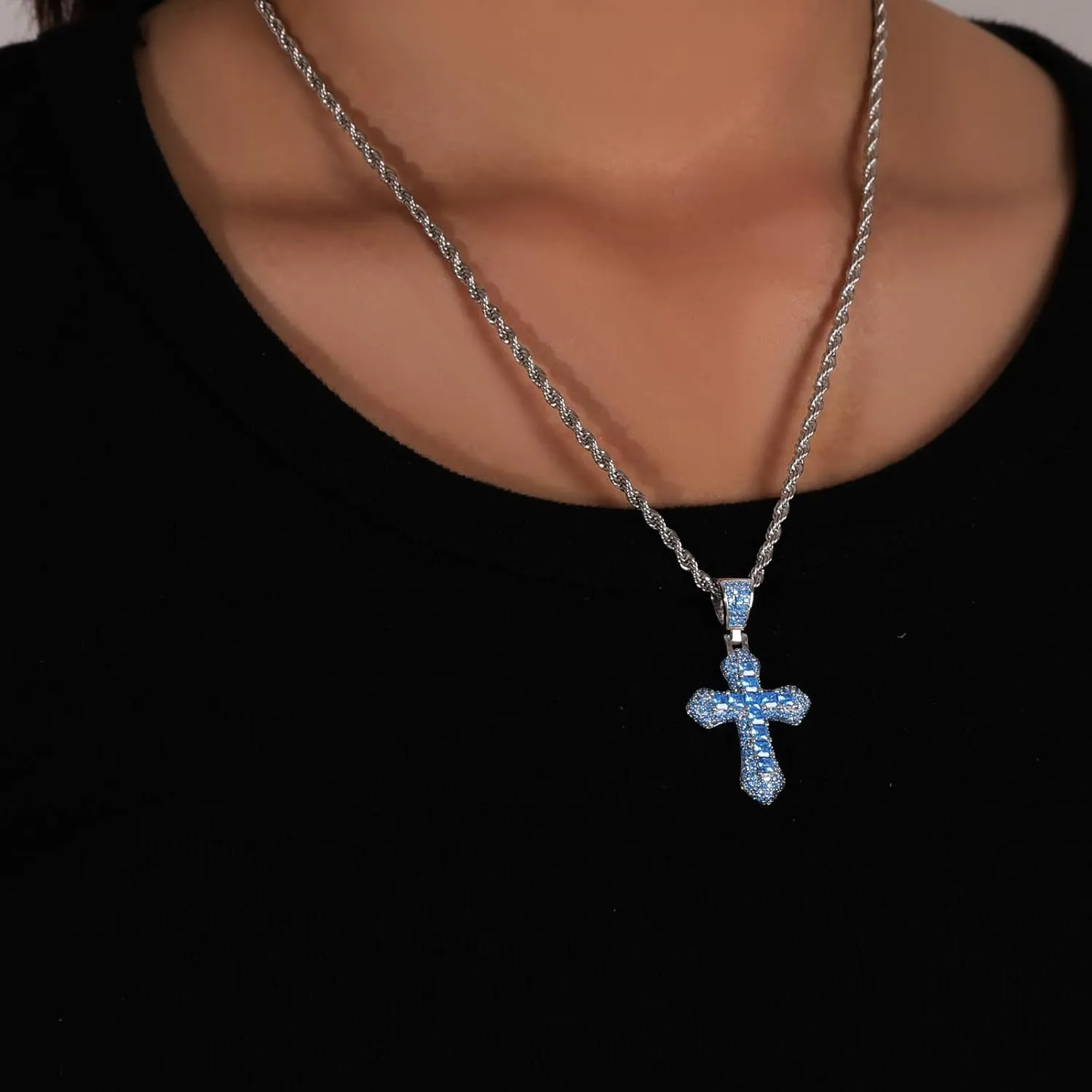 Lulu Mel Iced Out Colorful Cross Pendant Necklace With Stainless Steel Rope Chain, White Gold Plated Hip Hop Rhinestone Cross Chains For Men Women