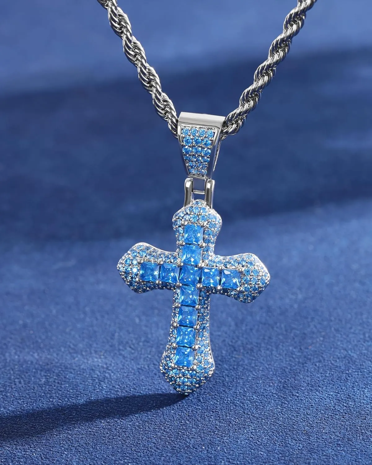 Lulu Mel Iced Out Colorful Cross Pendant Necklace With Stainless Steel Rope Chain, White Gold Plated Hip Hop Rhinestone Cross Chains For Men Women