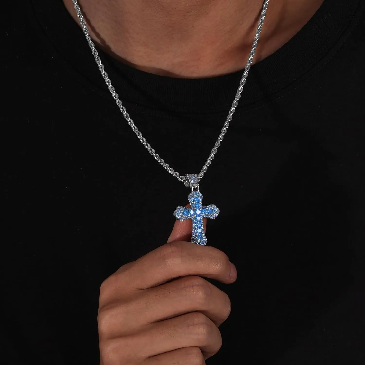 Lulu Mel Iced Out Colorful Cross Pendant Necklace With Stainless Steel Rope Chain, White Gold Plated Hip Hop Rhinestone Cross Chains For Men Women