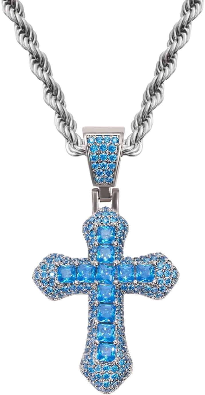 Lulu Mel Iced Out Colorful Cross Pendant Necklace With Stainless Steel Rope Chain, White Gold Plated Hip Hop Rhinestone Cross Chains For Men Women