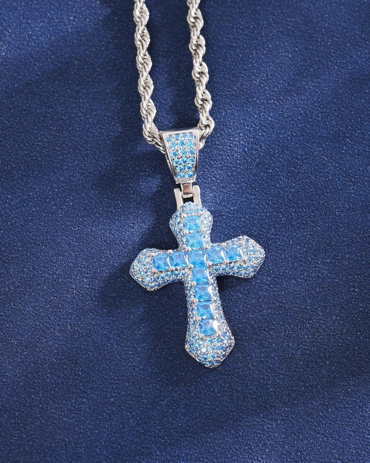 Lulu Mel Iced Out Colorful Cross Pendant Necklace With Stainless Steel Rope Chain, White Gold Plated Hip Hop Rhinestone Cross Chains For Men Women