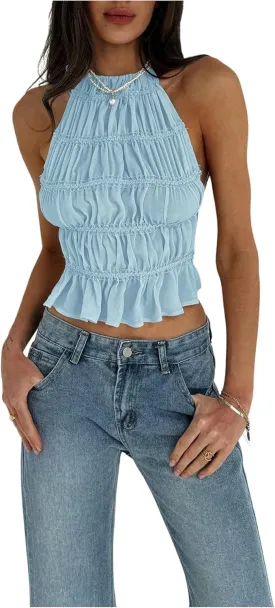 MakeMeChic Women's Ruffle Layered Halter Top Sleeveless Tie Back Y2K Crop Tops
