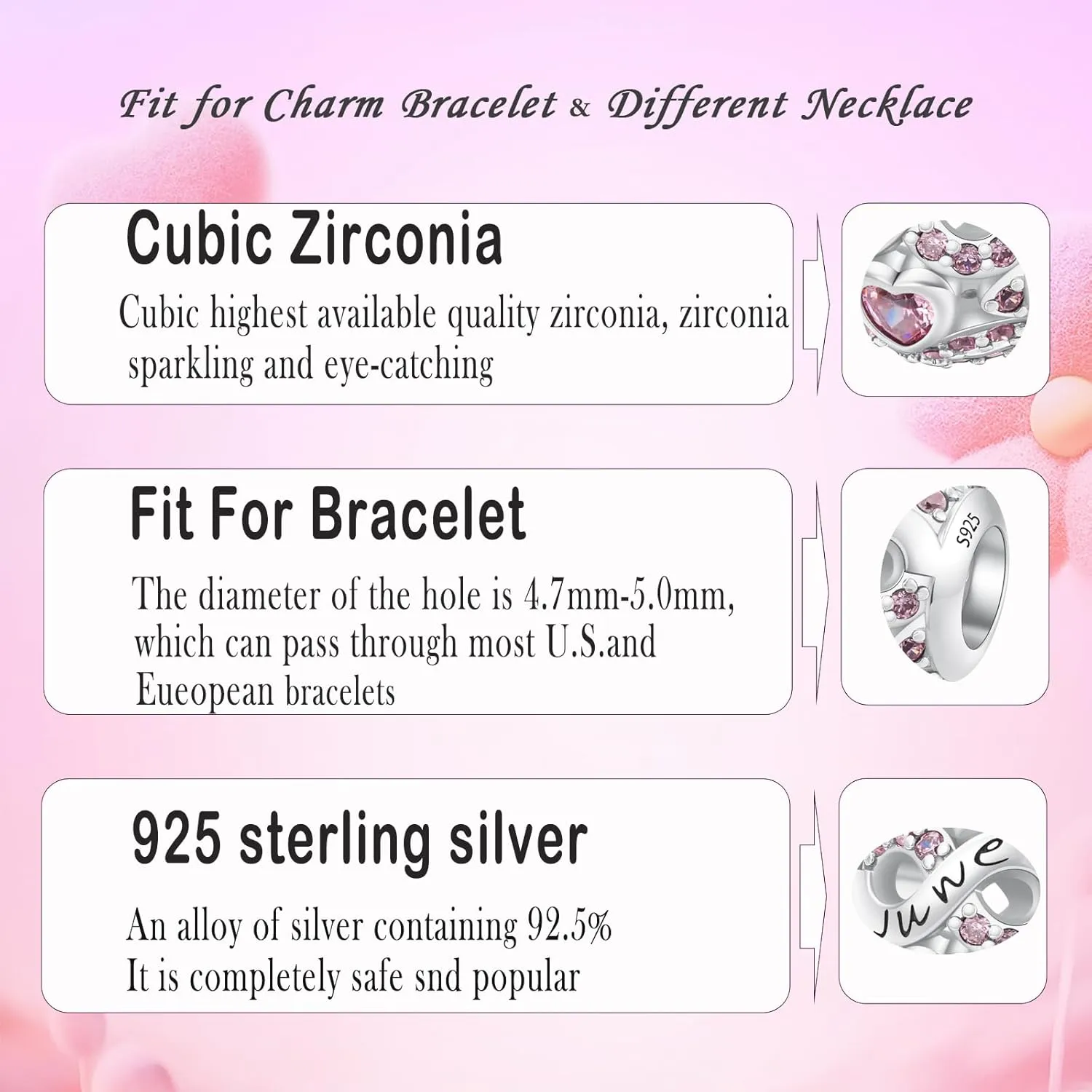 MICOO 925 Sterling Silver Jan-Dec Birthstone Charms For Bracelets and Necklaces, Original DIY Bead Charms With Cubic Zirconias Jewelry Birthday Gifts For Women.