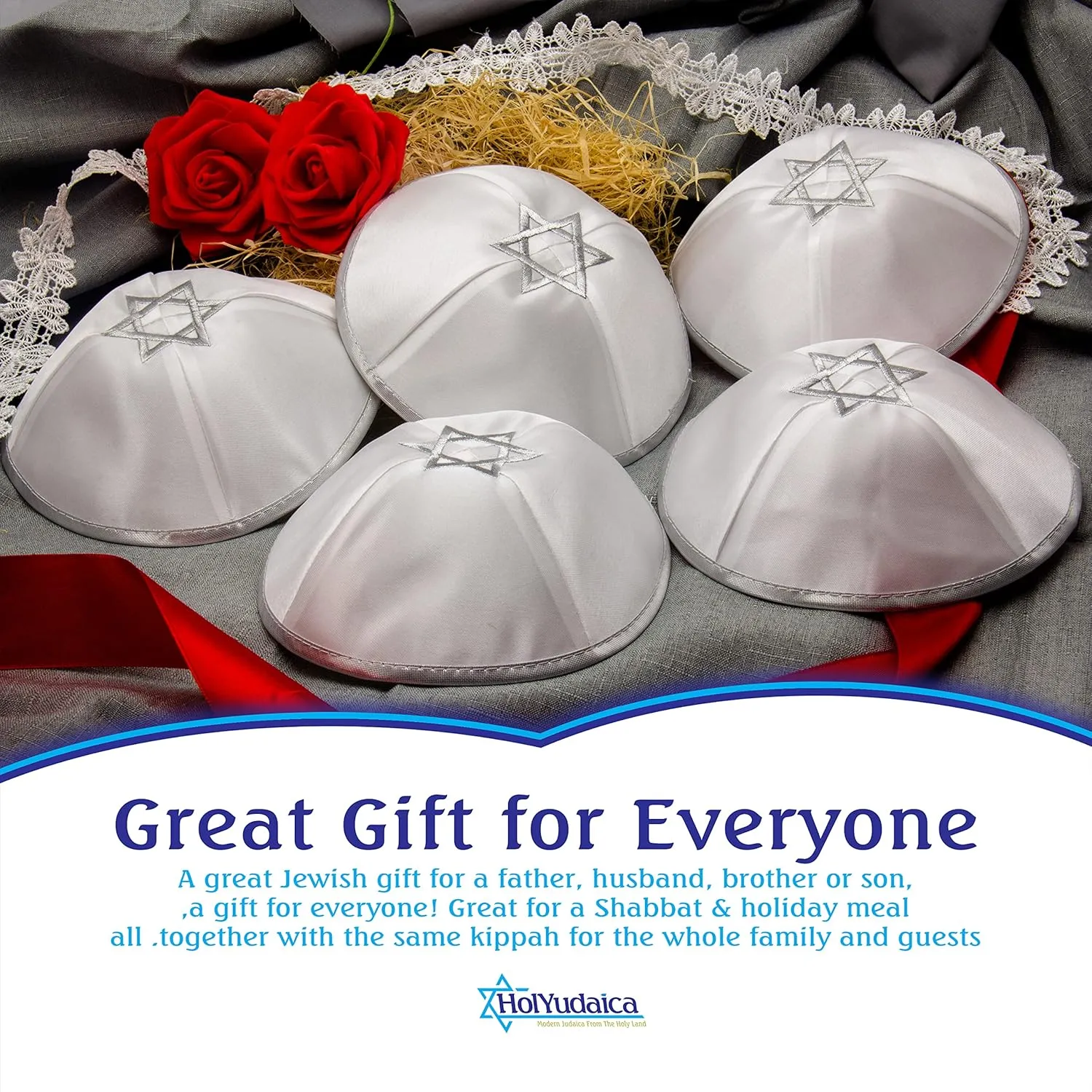 Pack of 5-Pcs Hq 20cm Satin/Velvet Kippah with Silver/Gold String Star of David for Men & Boys, Israel Kippot Bulk