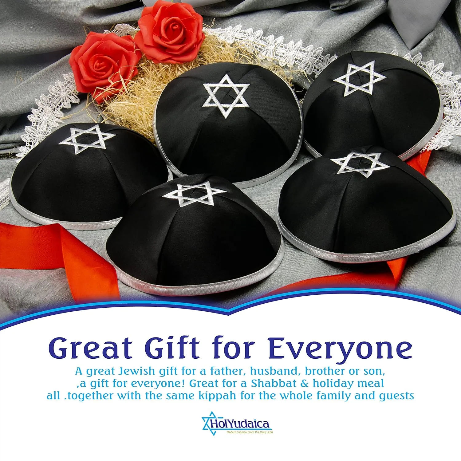 Pack of 5-Pcs Hq 20cm Satin/Velvet Kippah with Silver/Gold String Star of David for Men & Boys, Israel Kippot Bulk