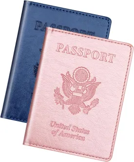Passport Holder 2Pcs, Passport Cover Wallet Case for Women Men Family, Passport Book Holders Travel Must Haves Cruise Ship Essentials (Dark Blue & Rose Gold)