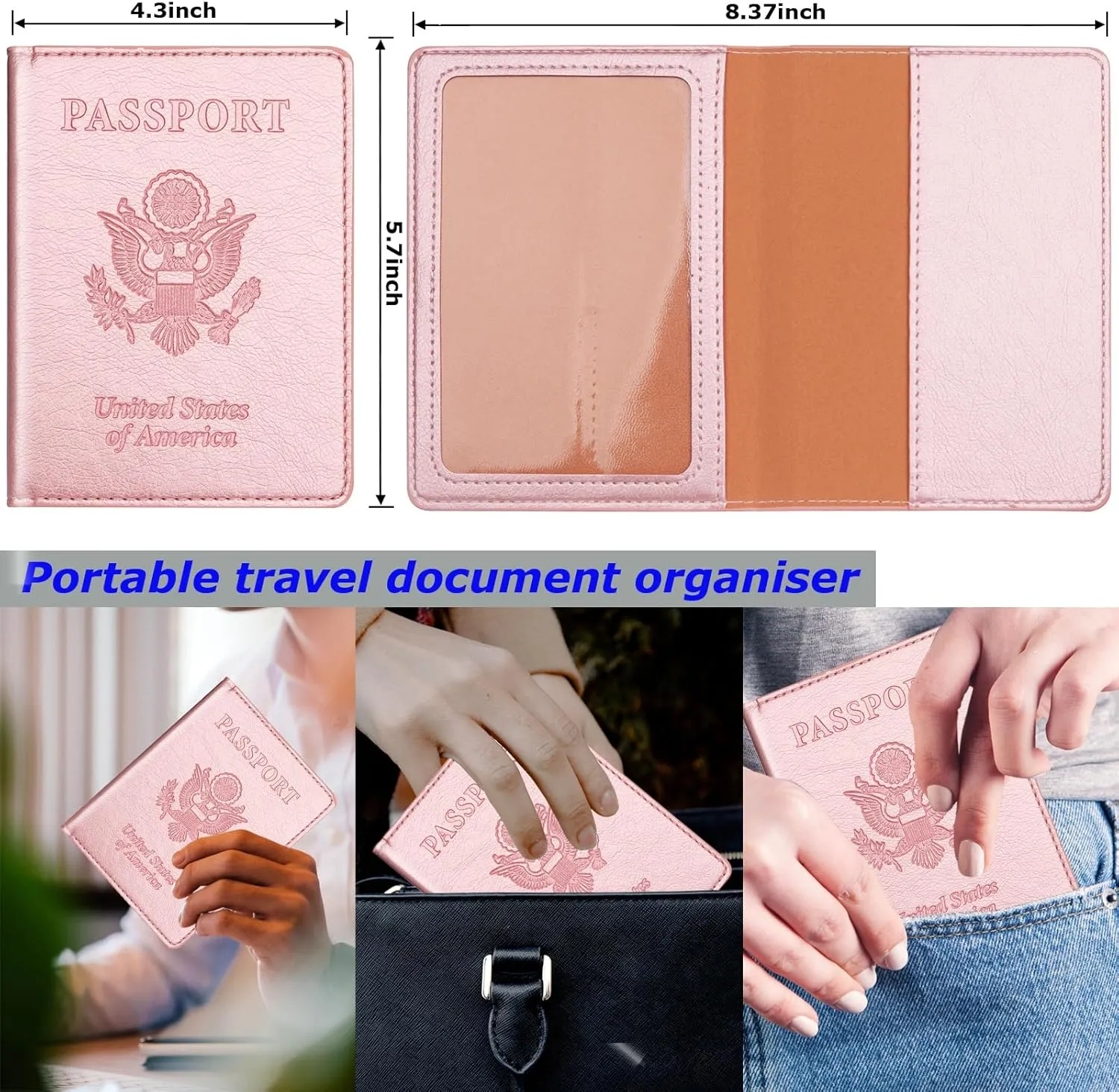 Passport Holder 2Pcs, Passport Cover Wallet Case for Women Men Family, Passport Book Holders Travel Must Haves Cruise Ship Essentials (Dark Blue & Rose Gold)