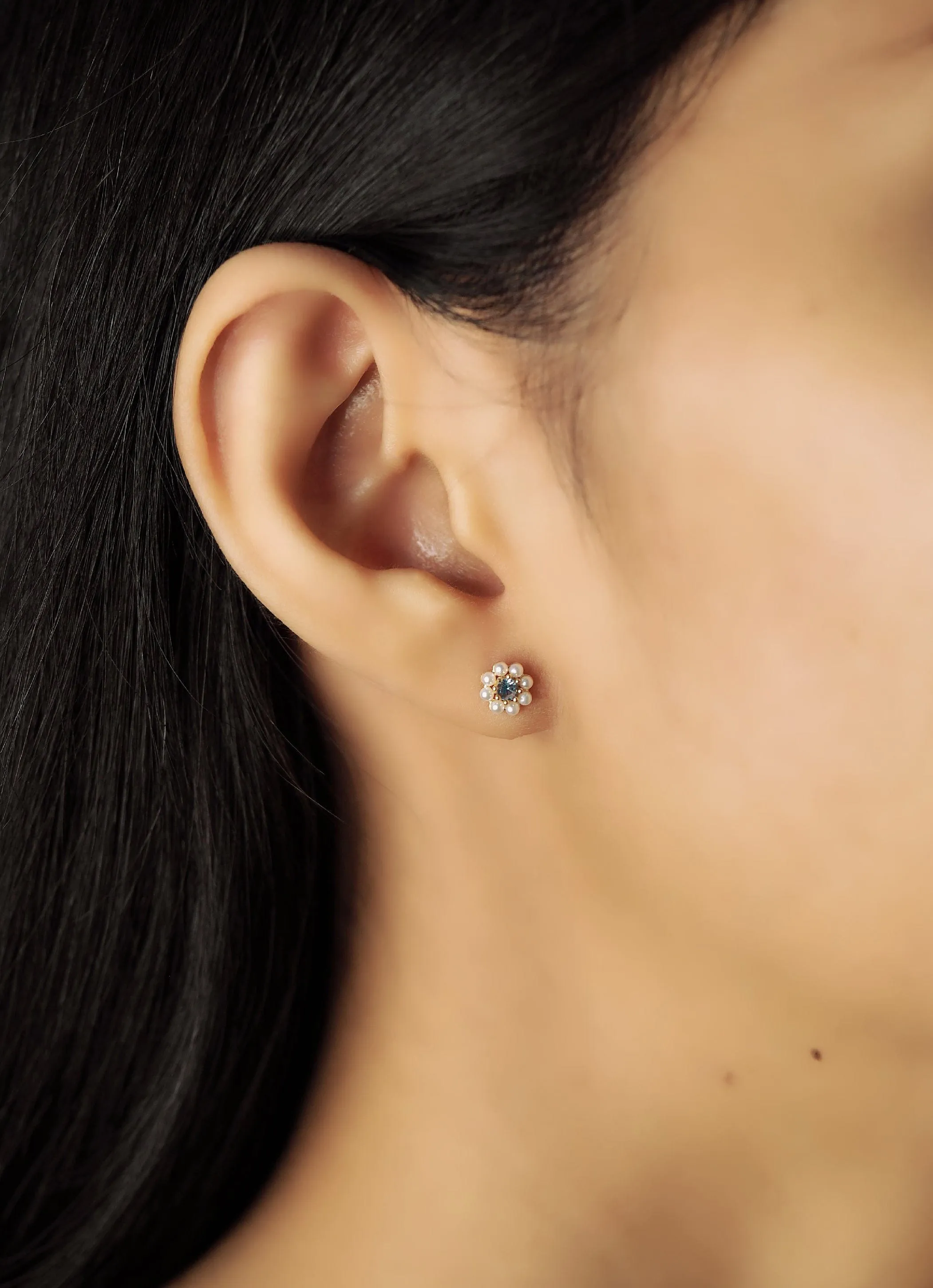 Pearl Flower Studs with Blue Center Stone