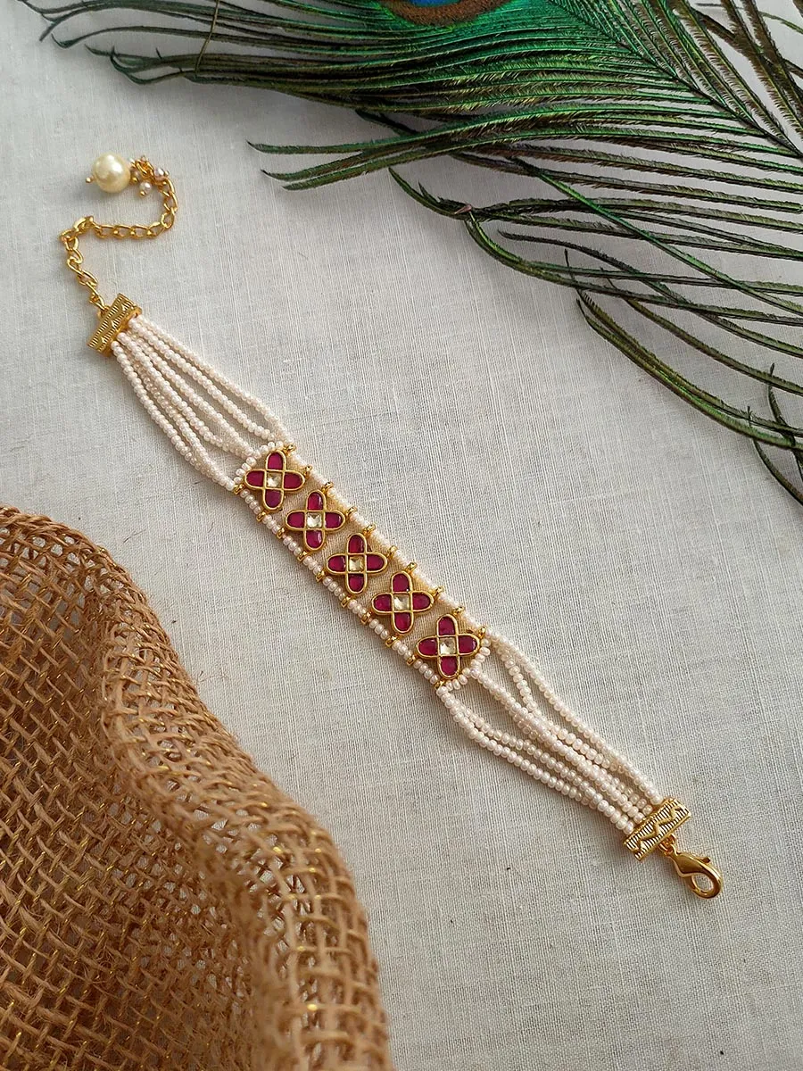 Pink Color Gold Plated Jadau Kundan Bracelet - MHP111YR