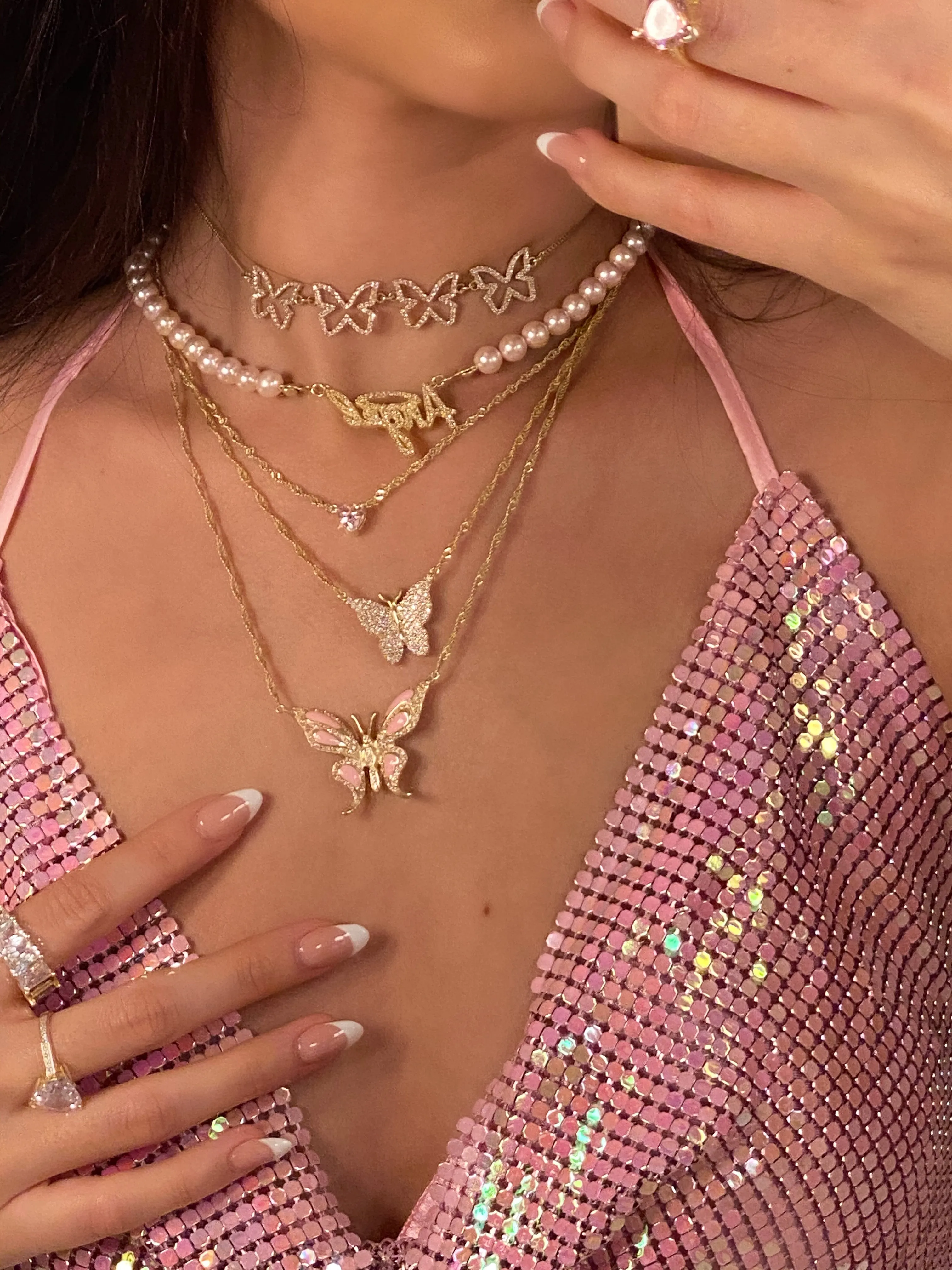 Pink Farasha Row Pavé Butterfly 925 Choker