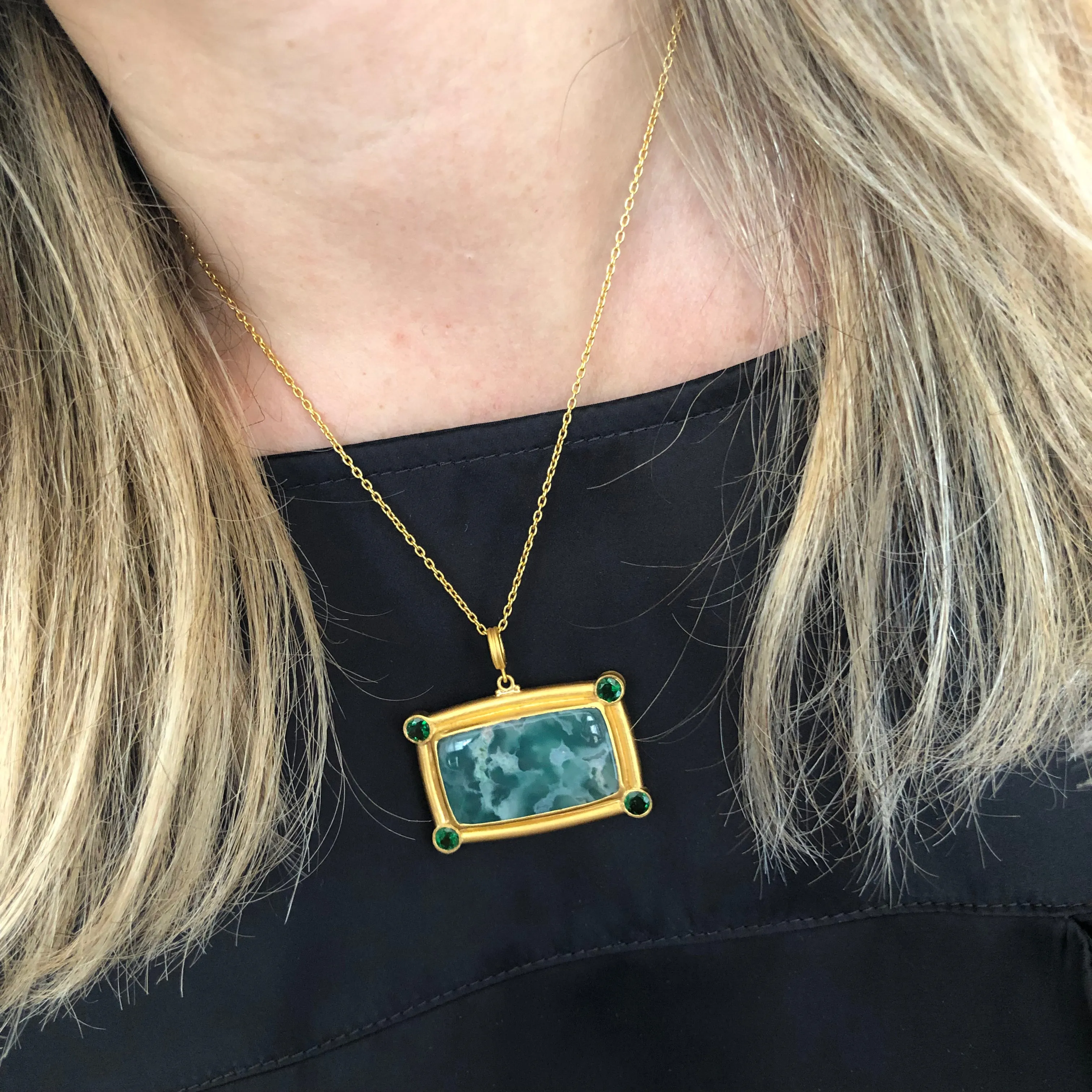 Pre-owned Lika Behar "My World" Necklace with Rectangle Aquaprase & Tsavorites 24K