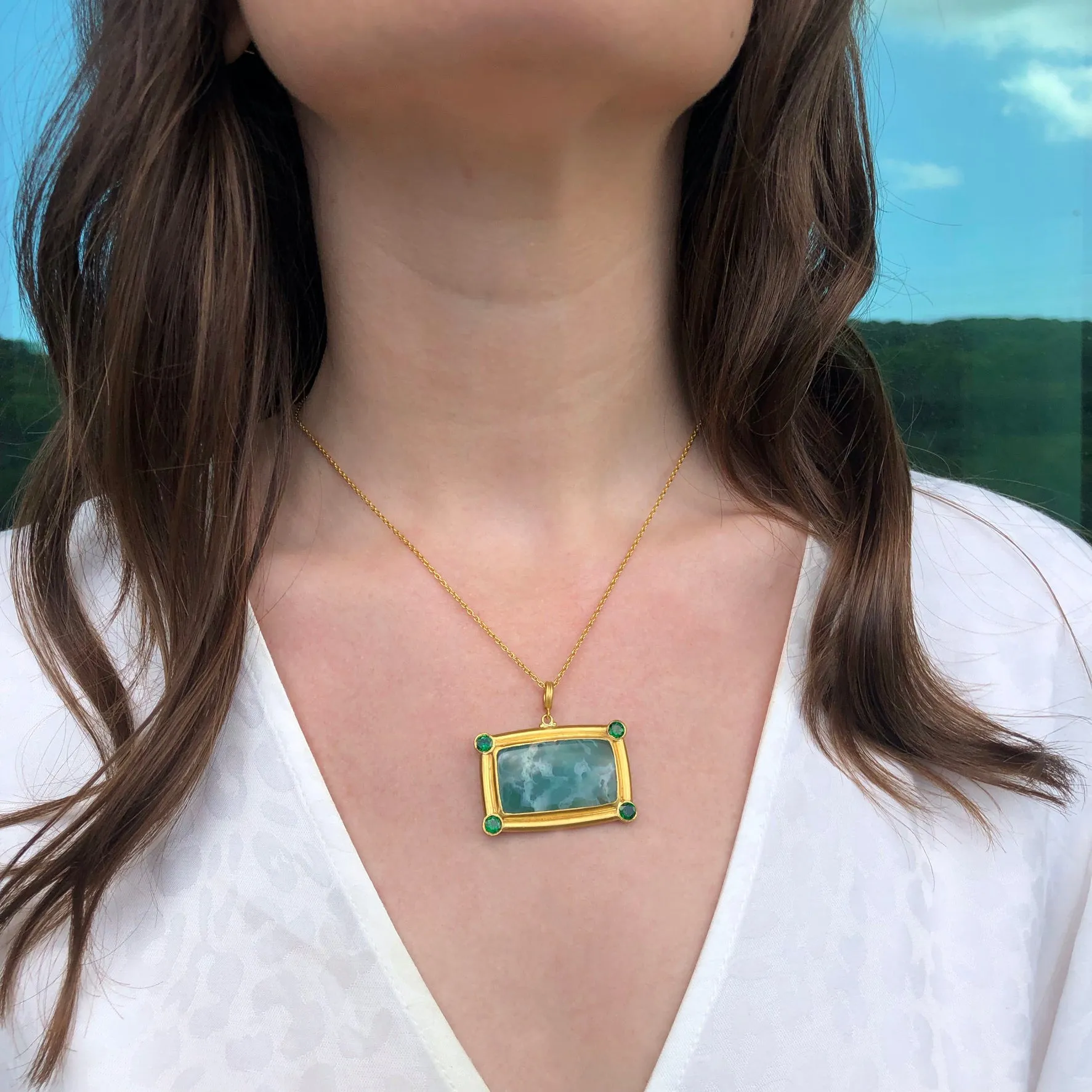 Pre-owned Lika Behar "My World" Necklace with Rectangle Aquaprase & Tsavorites 24K