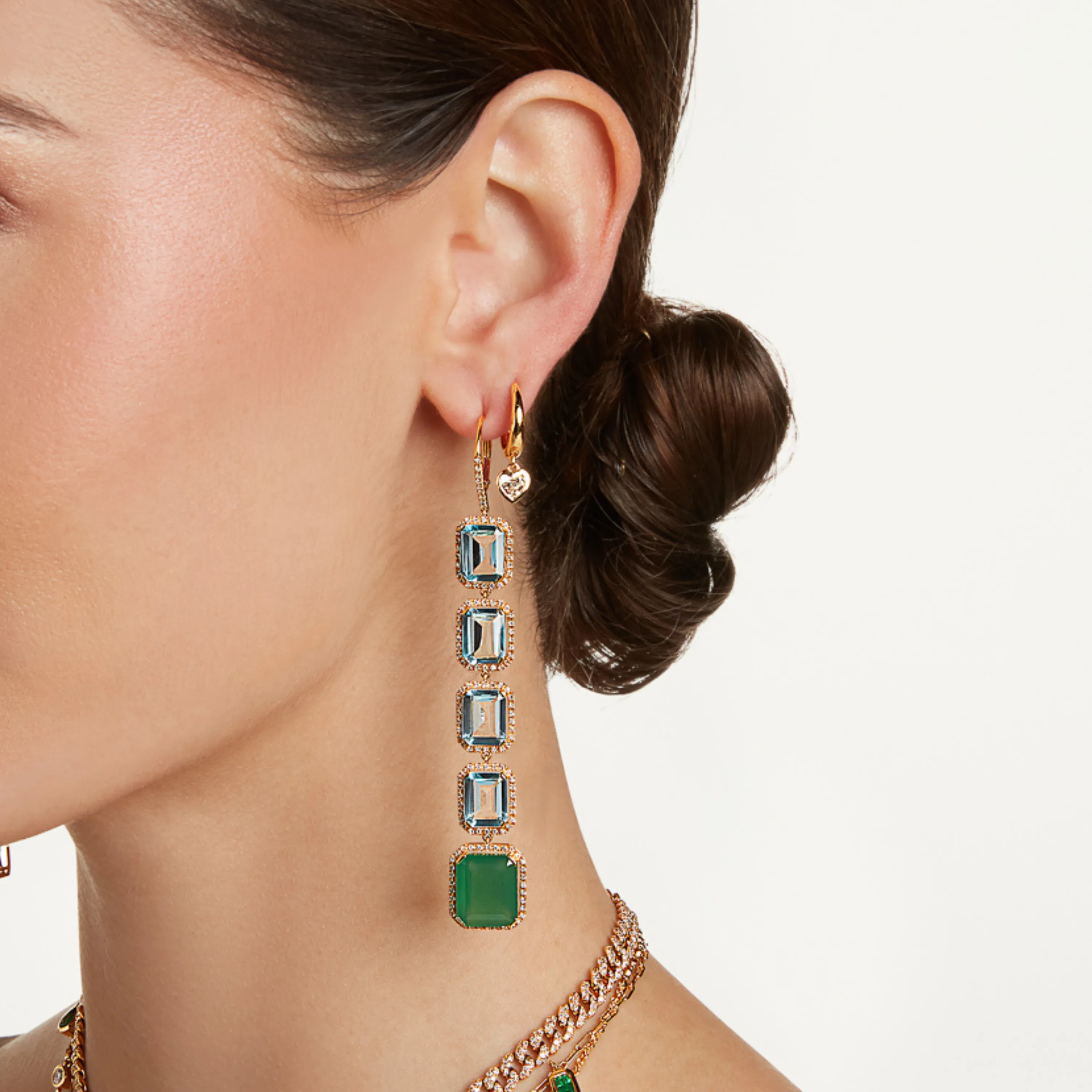 READY TO SHIP  BLUE TOPAZ & GREEN AGATE 5 TIER PORTRAIT EARRINGS