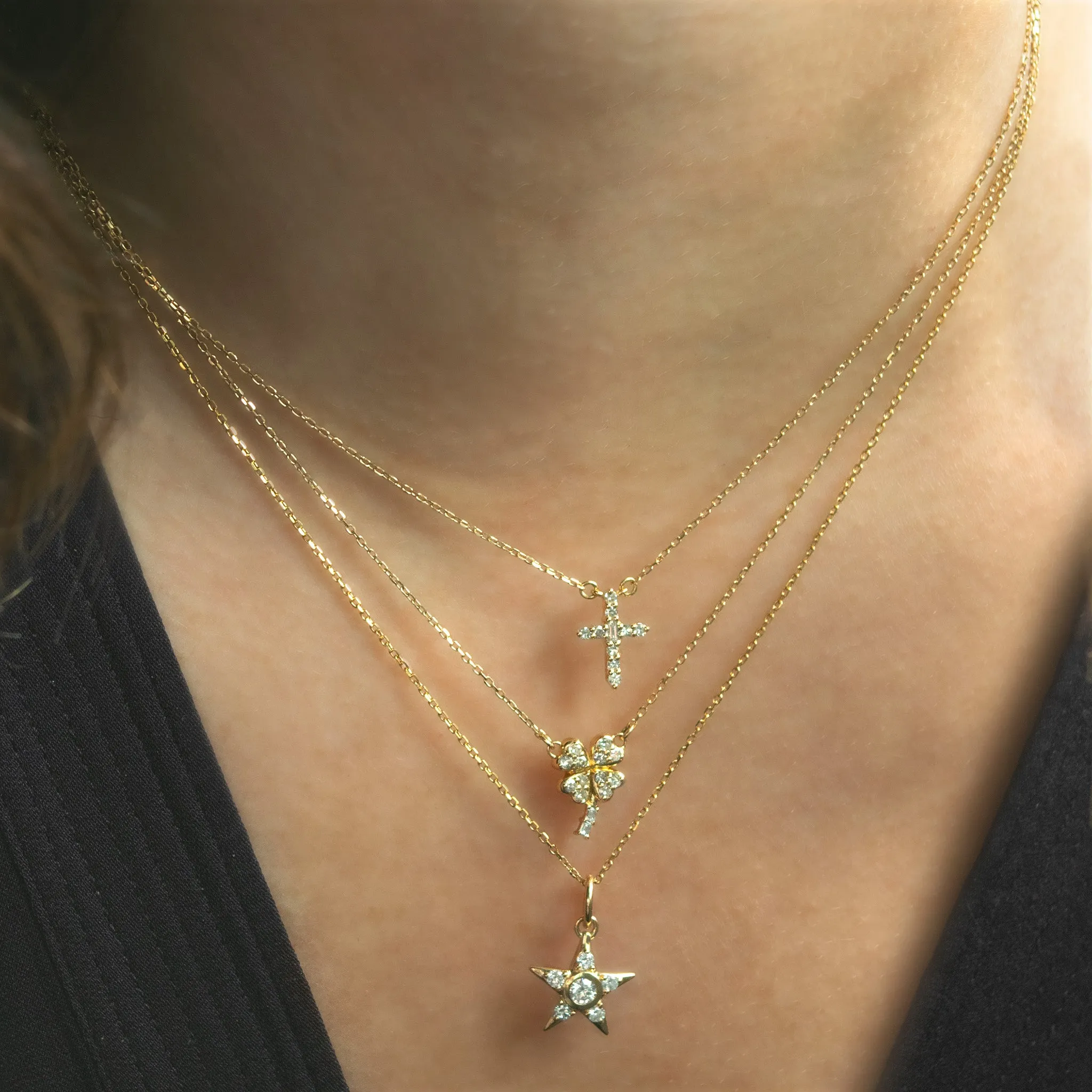 Reclaimed 18K Yellow Gold and Round and Baguette Diamond Clover Necklace