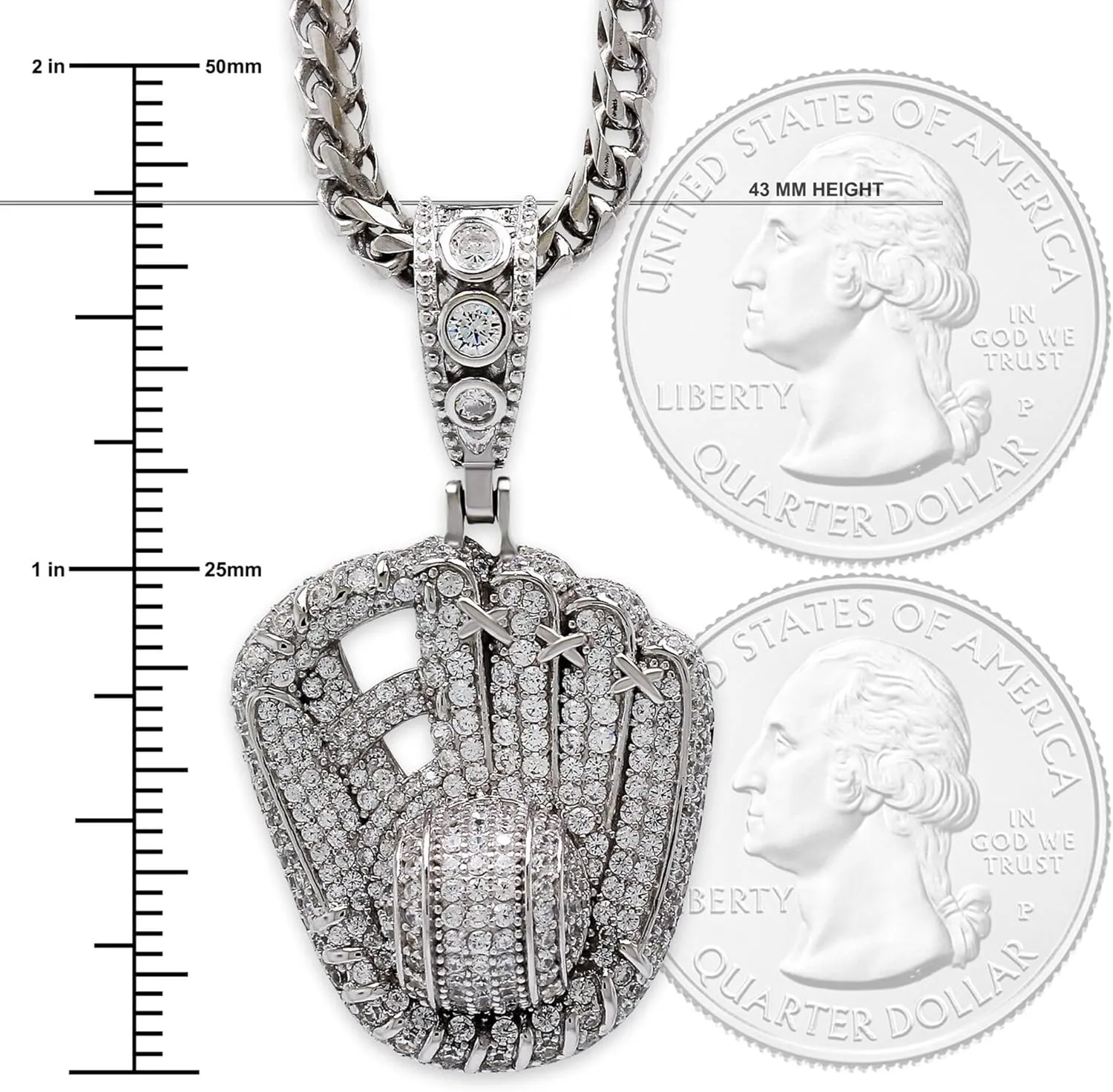 Silver Baseball Glove Pendant Necklace - 925 Sterling Silver with Cubic Zirconia Stones - Optional 2.3mm Franco Chain - Baseball Player Jewelry