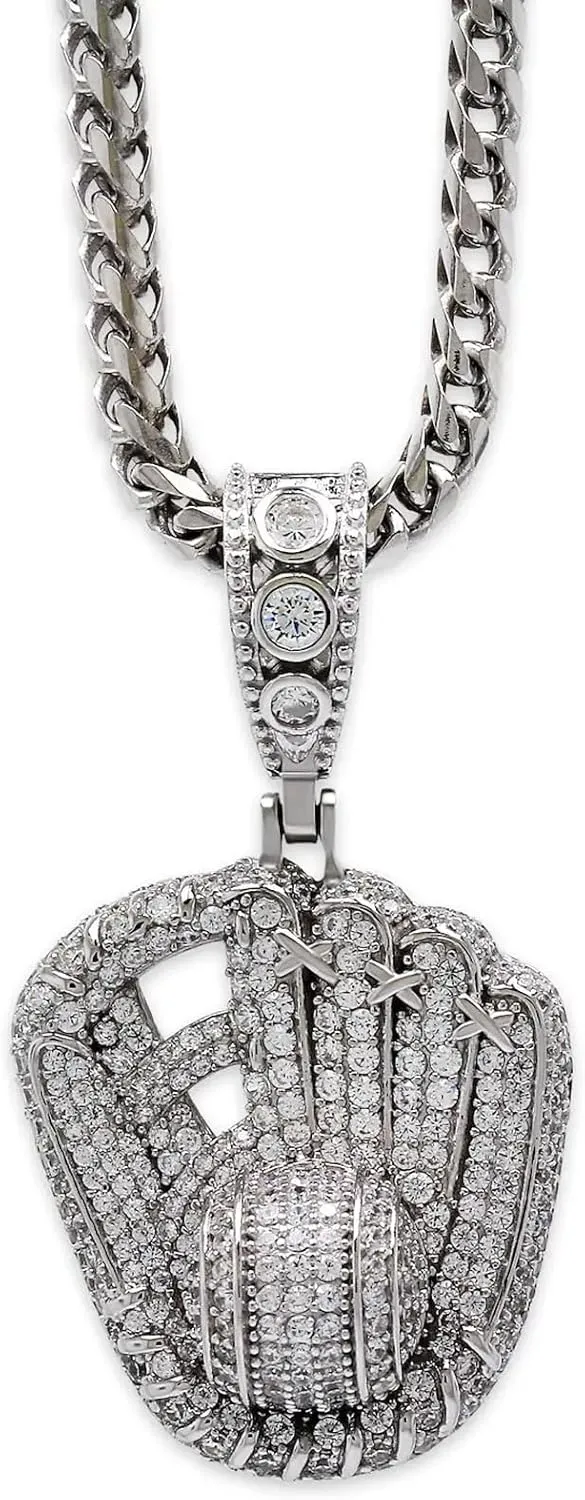 Silver Baseball Glove Pendant Necklace - 925 Sterling Silver with Cubic Zirconia Stones - Optional 2.3mm Franco Chain - Baseball Player Jewelry